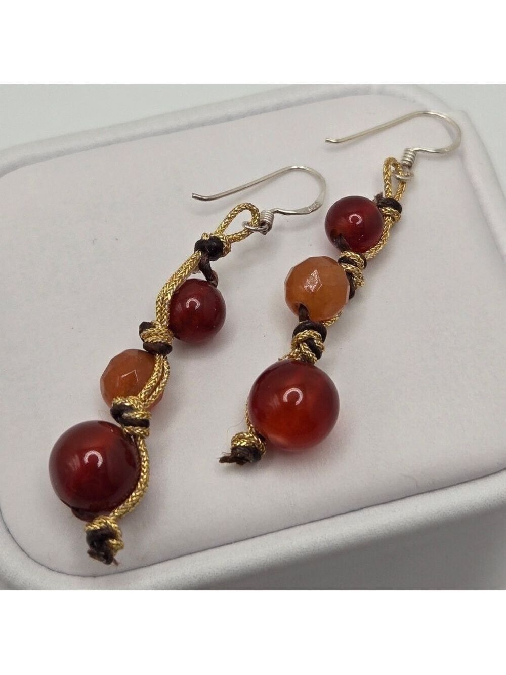 Handmade Sterling Silver Honey Amber Beads Gold String Dangle Earrings